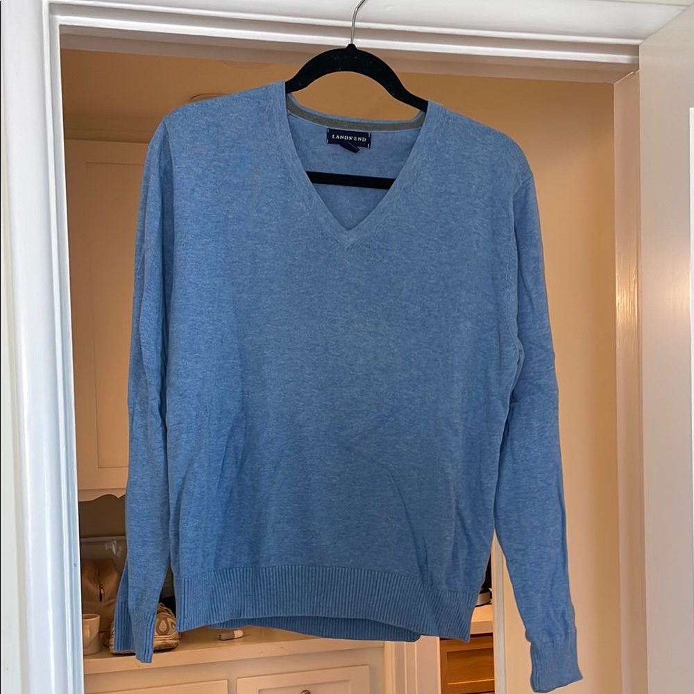 Lands' End Blue V-Neck Sweater Classic Knit
